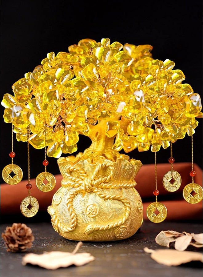 Mose Cafolo Feng Shui Crystal Money Tree with Dragon Pot Citrine Tree Hangs Lucky Cold Coins Bonsai Style Decoration for Tabletop Decoration Home Office Store (Gold) - Image 1